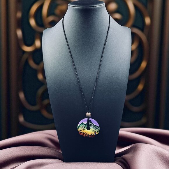 Boho Hand Painted Tribal Necklace Donut Pendant Cord Adjustable Festival Art - Picture 2 of 7